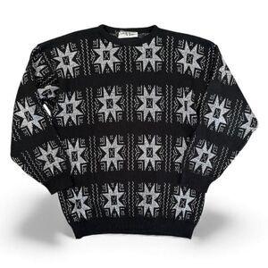 Vintage Breakaway Connection Sweater Size L Black Knit Star 80s 90s Geometric